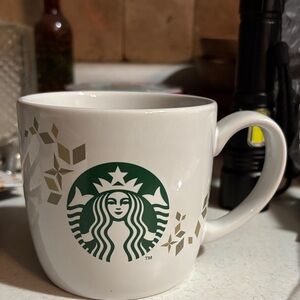 Starbucks White Mug with Green and Gold Accents